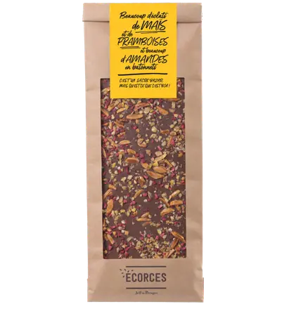 Écorce chocolat au lait, amandes, pépites de maïs et framboises