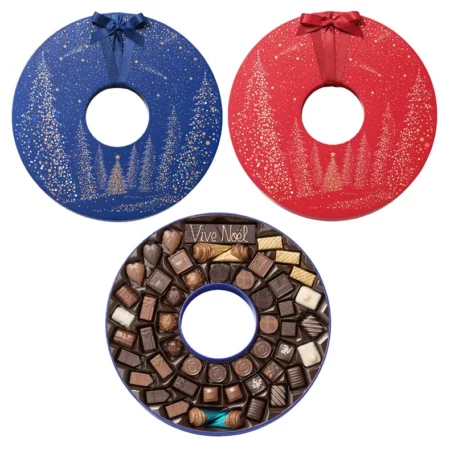 Grande boite couronne de Noël garnie de chocolats et sa barre noir - rouge ou bleue