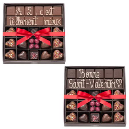 Boite 15 chocolats Saint-Valentin et tablette de chocolat au lait ou noir